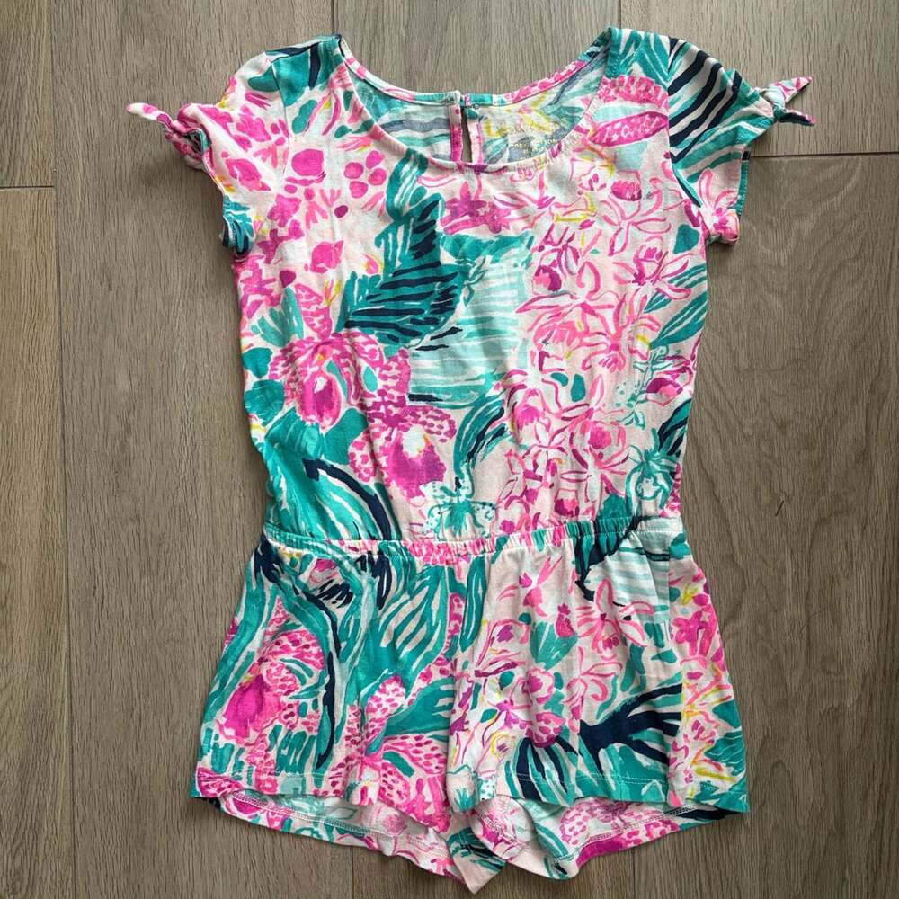 Lilly Pulitzer Girls Camryn Romper Size M (6-7) Via Flora Floral Tie Sleeve